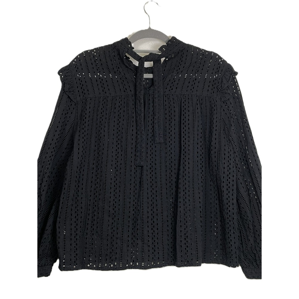 Madewell Large Black Eyelet Lace Ruffle Tie Neck Victorian Prairie Blouse - Picture 3 of 15